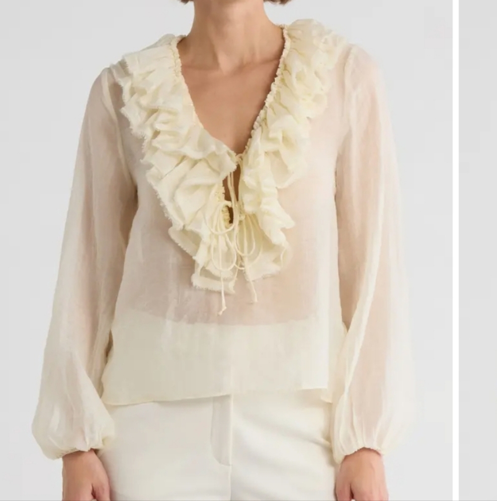 Jason Wu Cream Ruffle Sheer Chiffon Blouse – Romantic Tie Front Top